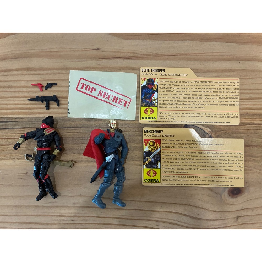 GI Joe Destro and Iron Grenadier Action Figure Lot with File Cards Accessories